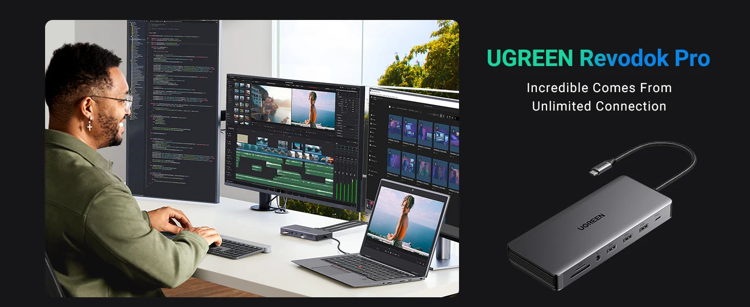 UGREEN 13-v-1 zvezdišče USB-C s trojnim zaslonom (DP 4K60Hz + dvojni HDMI 4K60Hz), USB-A/C 10Gbps