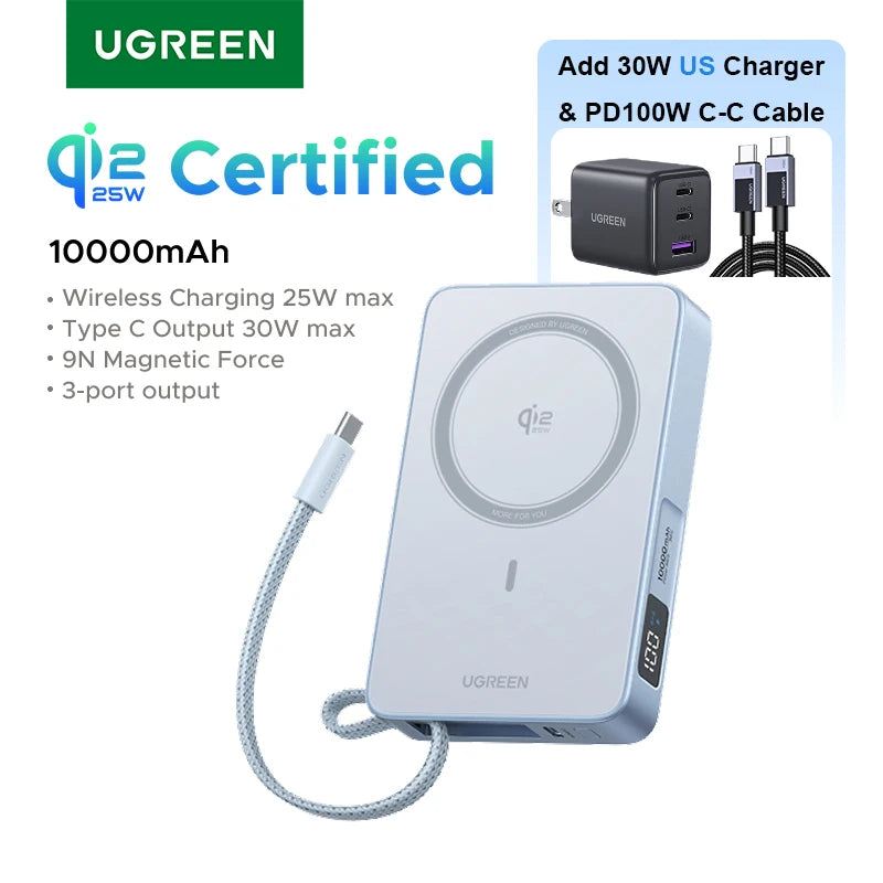 UGREEN Qi2.2 25W magnetni prenosni polnilec – 10000 mAh zunanja baterija za hitro polnjenje