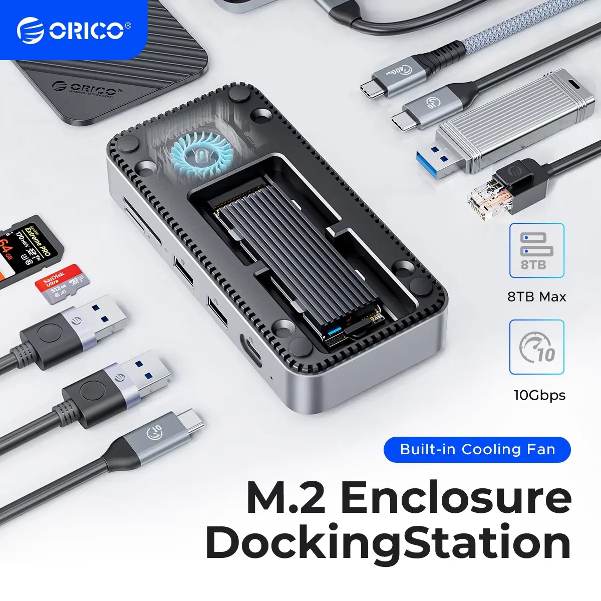 ORICO M2P7 USB‑C Hub with Cooling Fan, M.2 NVMe/SATA SSD Enclosure (10Gbps), 4K60Hz HDMI