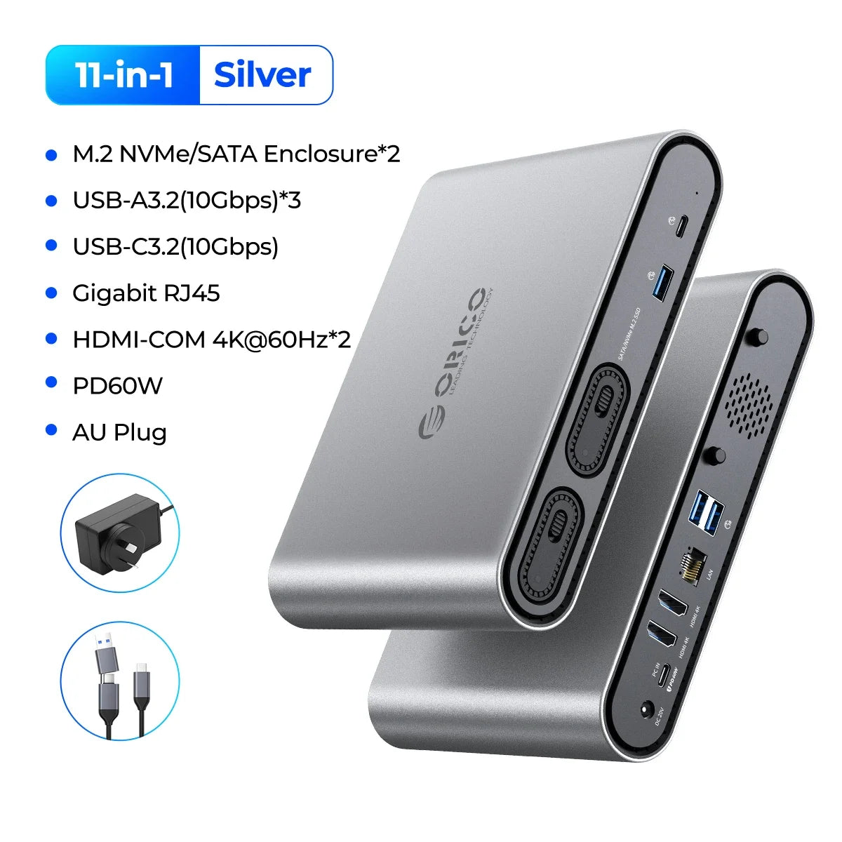ORICO USB‑C Triple Display Docking Station with Dual M.2 NVMe/SATA SSD Enclosures