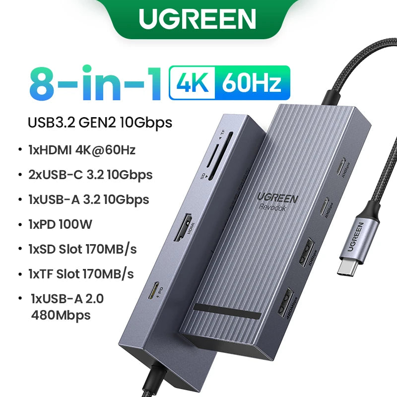 UGREEN 9-v-1 USB-C Hub s 4K60Hz HDMI, 10Gbps USB-vrati, gigabitnim Ethernetom, PD100W
