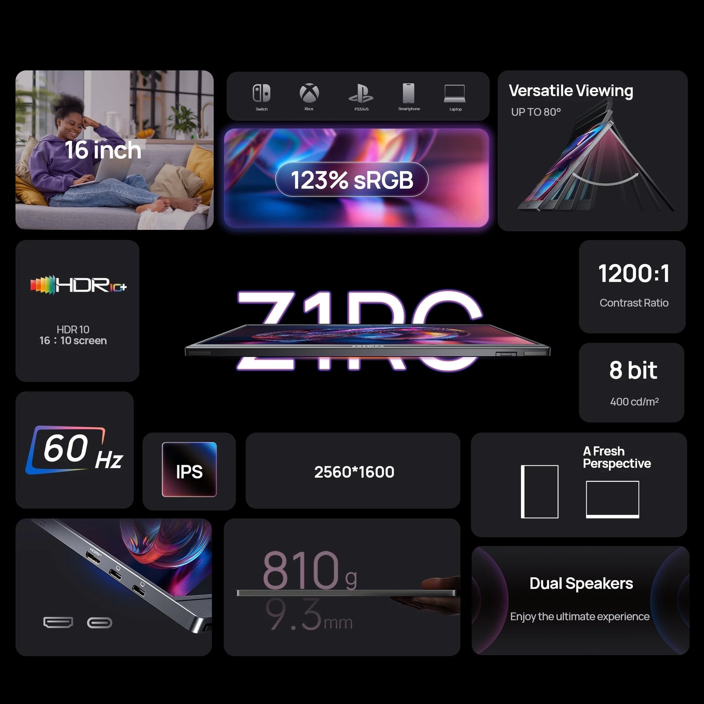 ARZOPA Z1RC 16" Portable Monitor | 2.5K 2560×1600, IPS, 100–123% sRGB, USB‑C & HDMI