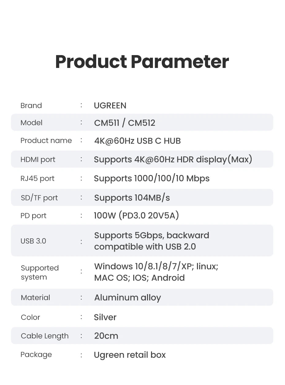UGREEN 7-v-1 USB-C Hub s 4K60Hz HDMI, bralnikoma kartic SD/TF, USB 3.0 5Gbps, PD100W – Večvratni