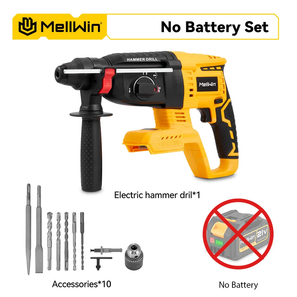 MELLWIN 26MM Brushless Electric Hammer Drill Cordless Household Rotary Impact Hammer Power Tool For Makita 18V Battery Pin - Limetastore