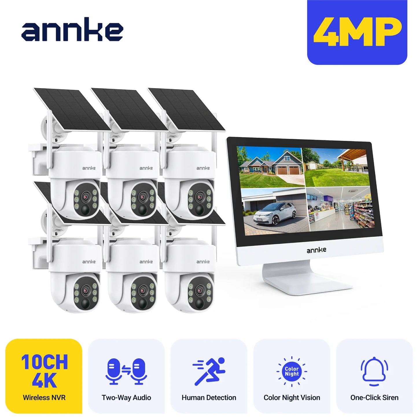 ANNKE 4MP solarni CCTV sistem | 10-kanalni NVR, 5MP PTZ WiFi kamere, PIR in barvni nočni vid