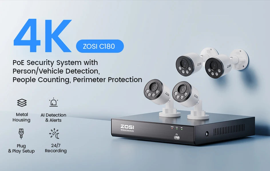 Varnostni kamerov sistem ZOSI 4K PoE NVR z 8MP vodoodpornimi žičnimi PoE kamerami H.265+ 4K/8MP 8-kanalni CCTV NVR za 24/7 nadzor doma