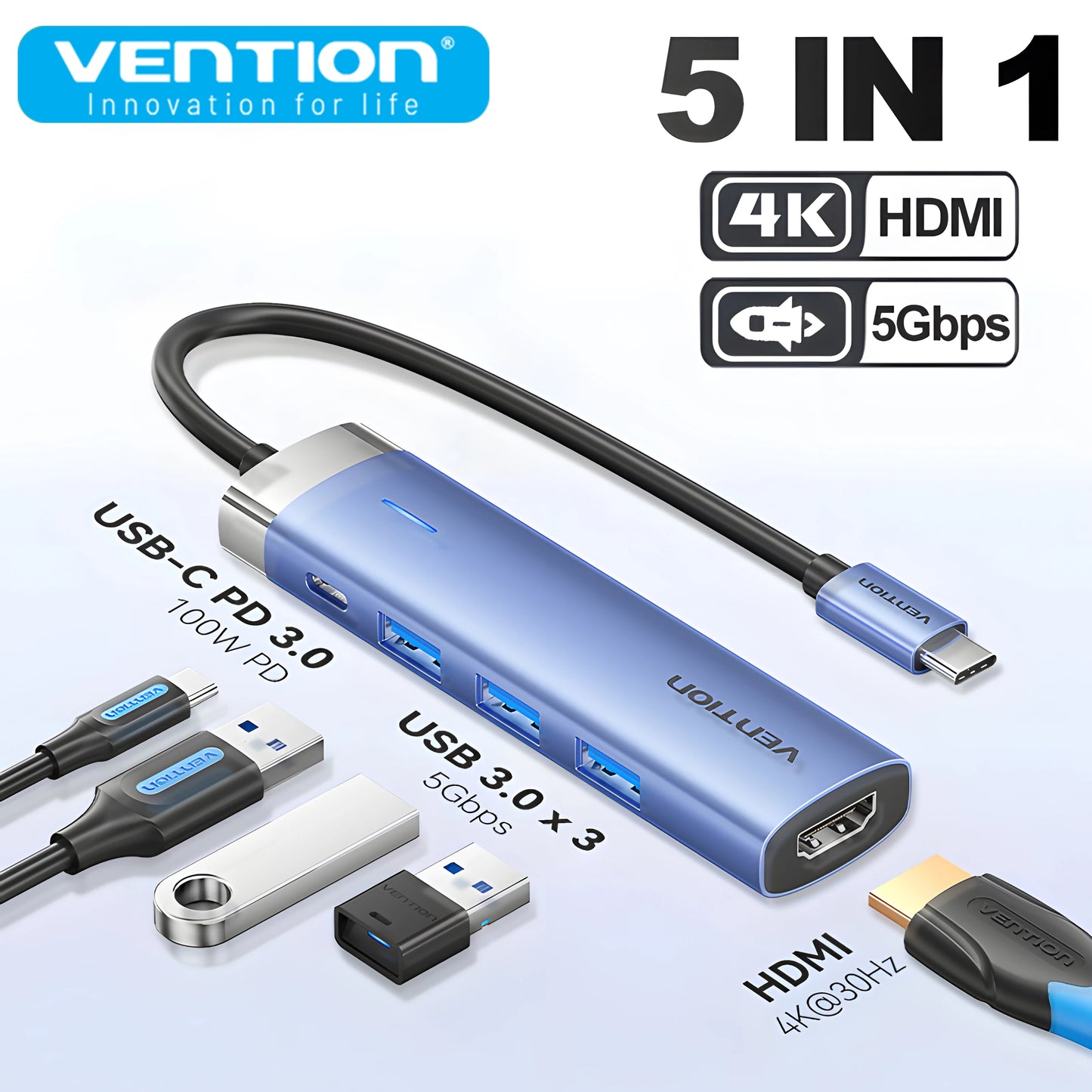 Vention zvezdišče USB-C 5-v-1 | HDMI 4K, PD 100 W, priklopna postaja USB 3.0 5 Gbps