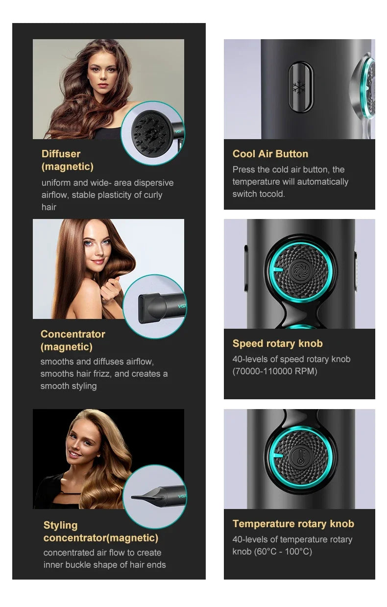 VGR Hair Dryers Professional Hair Dryer Machine Negative Ion 110000 RPM Air Blower Barber Salon BLDC Motor Home Appliance V-401