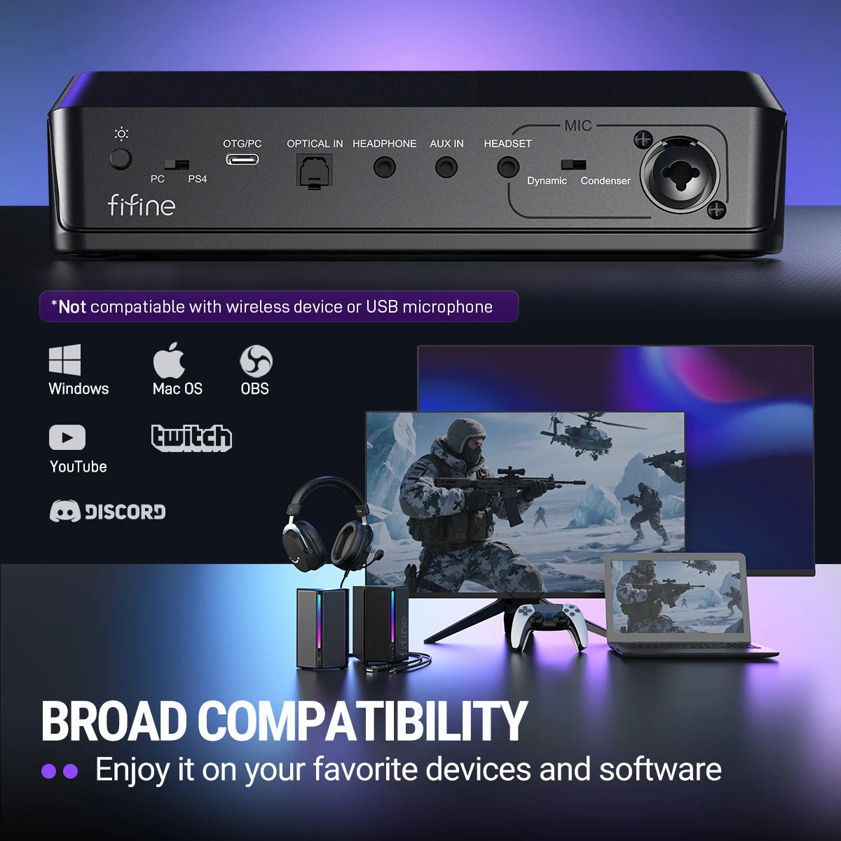FIFINE SC8 RGB Audio Mixer | XLR Preamp & Voice Changer for Streaming