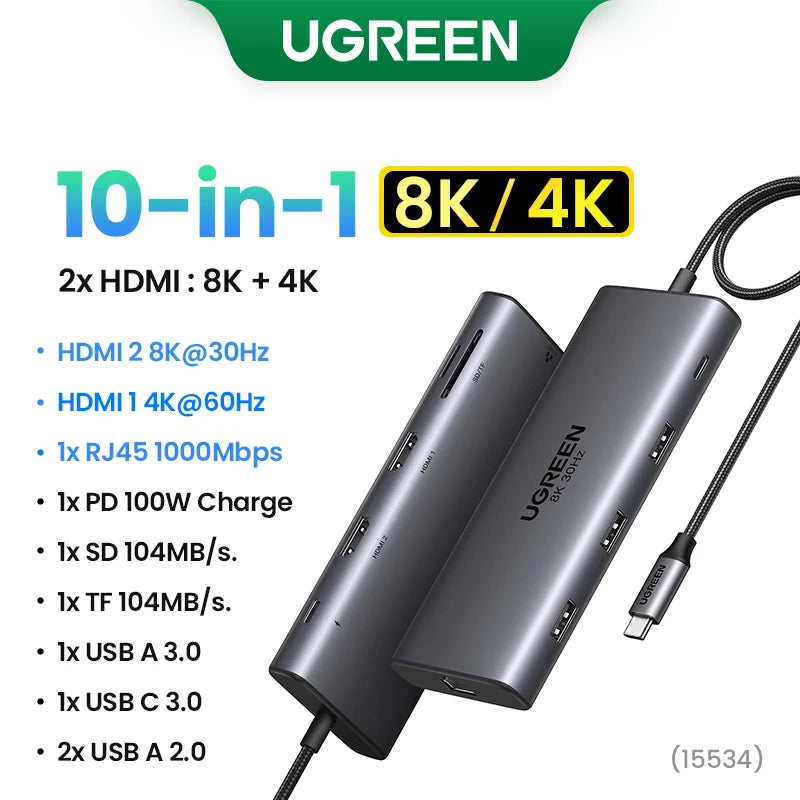 UGREEN 10-v-1 dvojni HDMI USB-C hub z izhodom 8K in 4K, gigabitnim Ethernetom, USB 3.0, PD100W