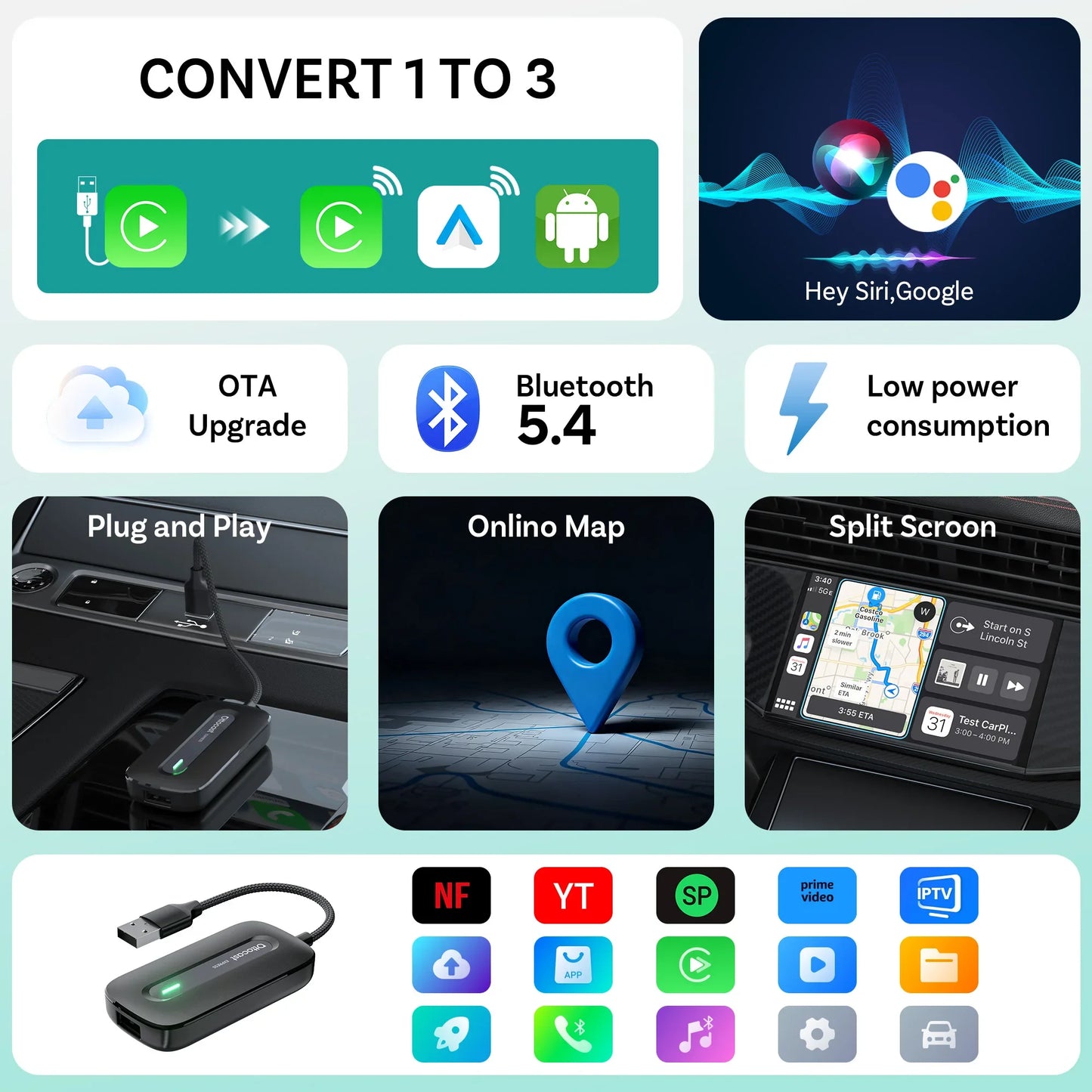 OTTOCAST Play2Video Express brezžična video AI škatla za CarPlay
