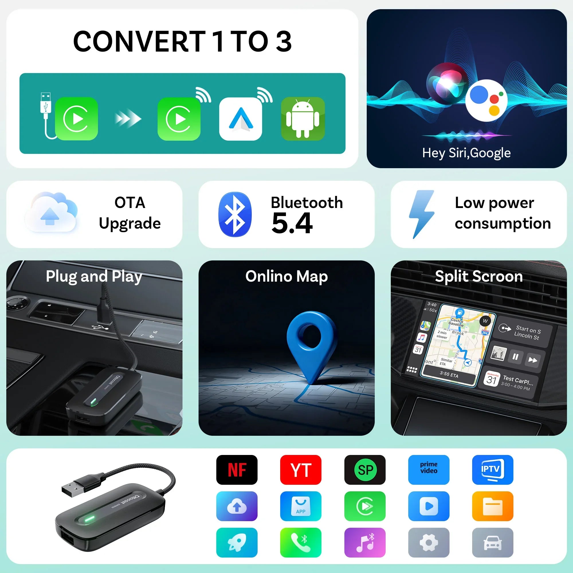 OTTOCAST Play2Video Express brezžična video AI škatla za CarPlay