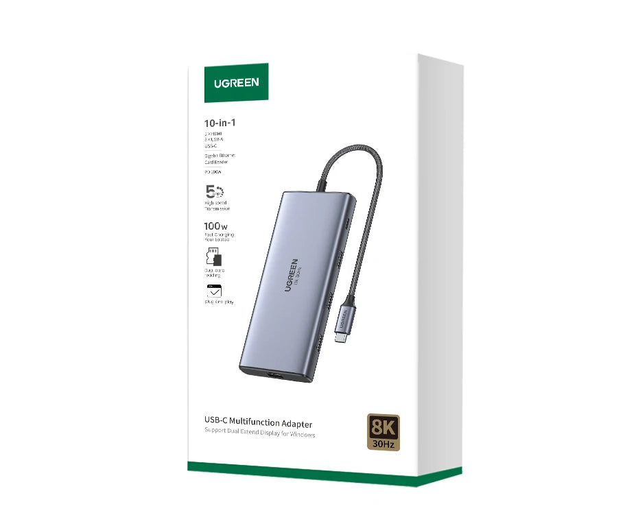 UGREEN 10-v-1 dvojni HDMI USB-C hub z izhodom 8K in 4K, gigabitnim Ethernetom, USB 3.0, PD100W