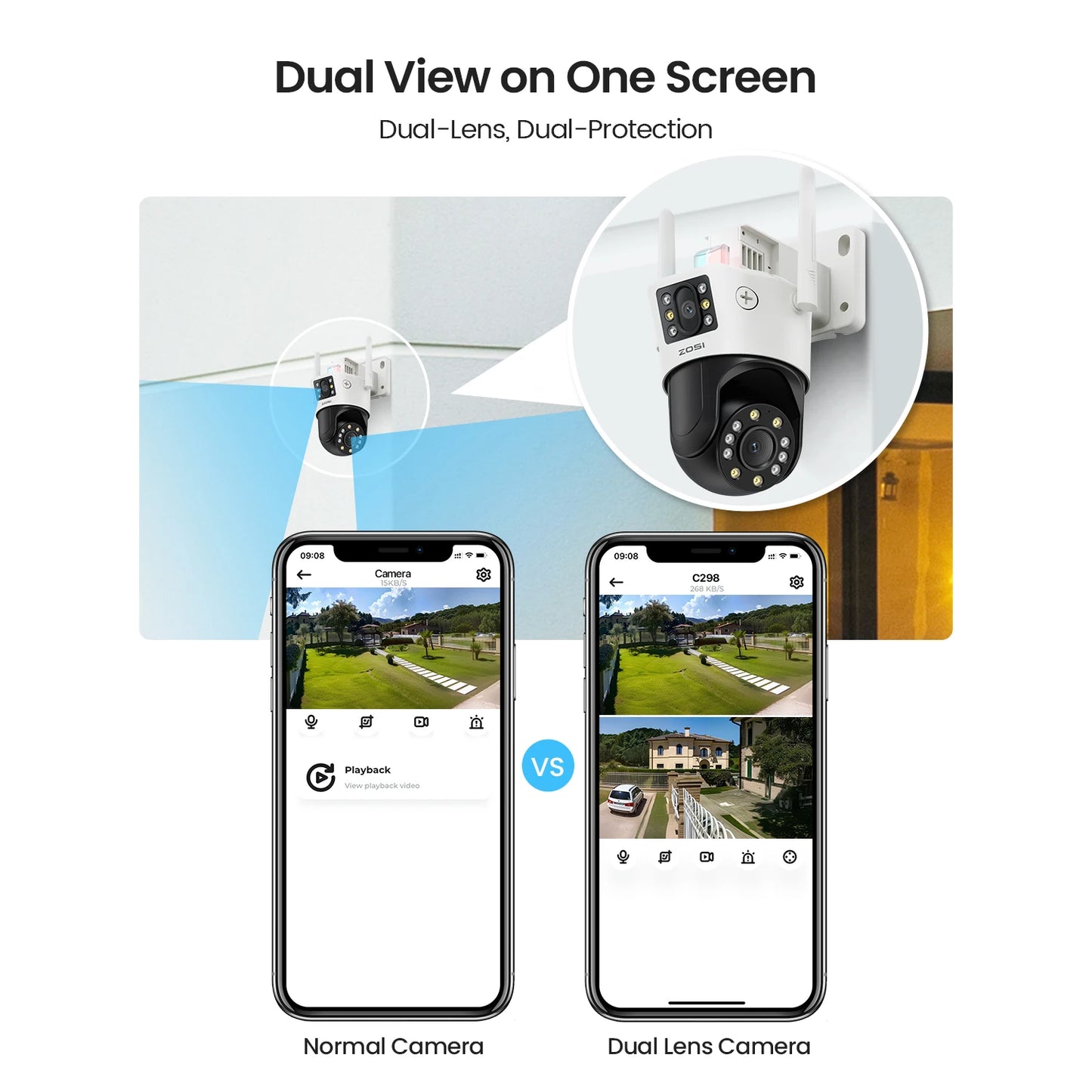 ZOSI C298 Max 4K 8MP Dual‑Lens PTZ Security Camera – 2×4MP Wide‑Angle Outdoor WiFi/Wired Surveillance Cam