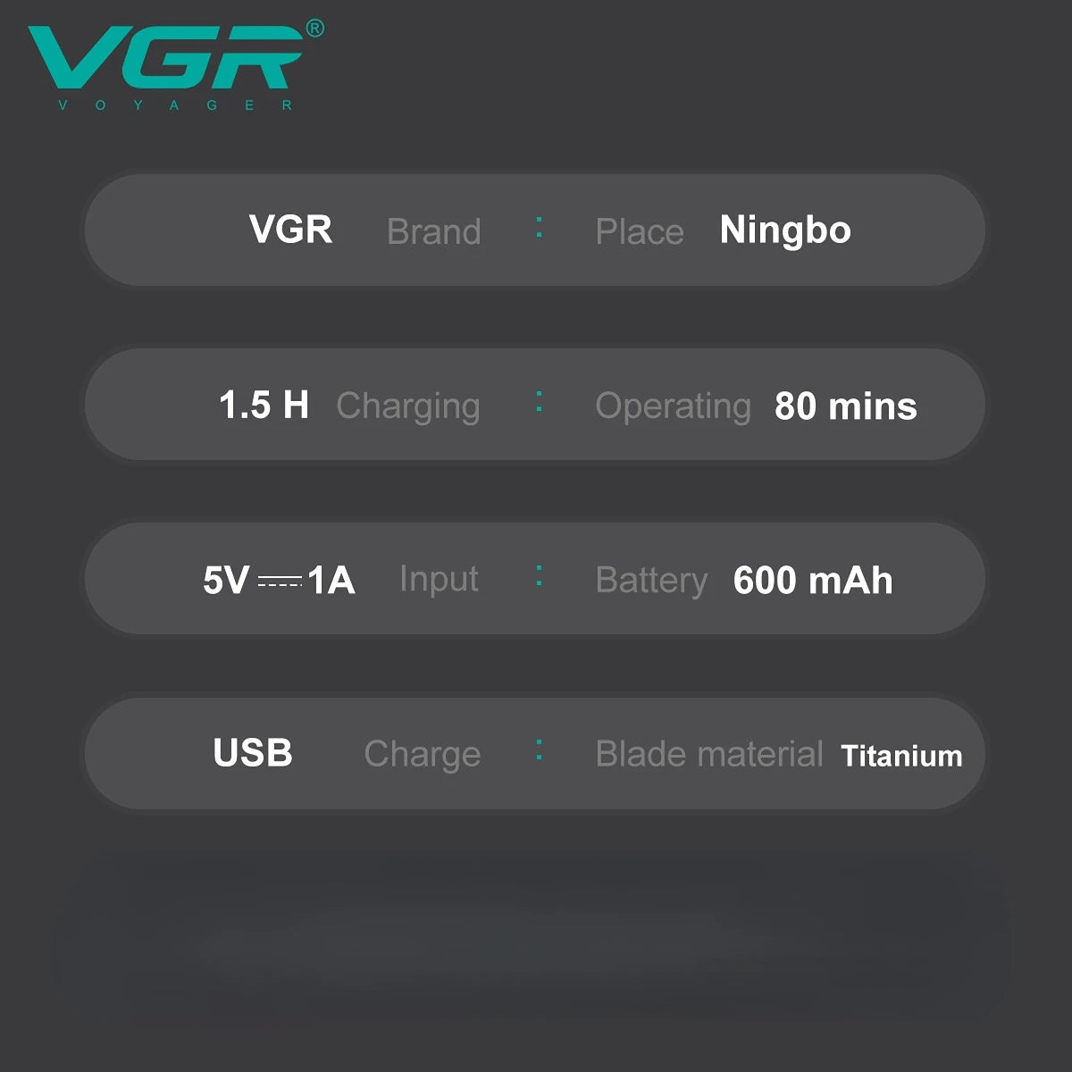VGR V-363 profesionalni brivnik z mrežico 8000 vrt./min 80 min USB-C