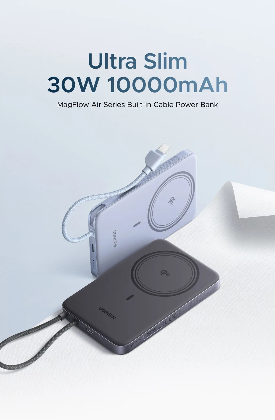 UGREEN Ultra tanka 30W 10000mAh magnetna prenosna baterija – brezžični Qi2