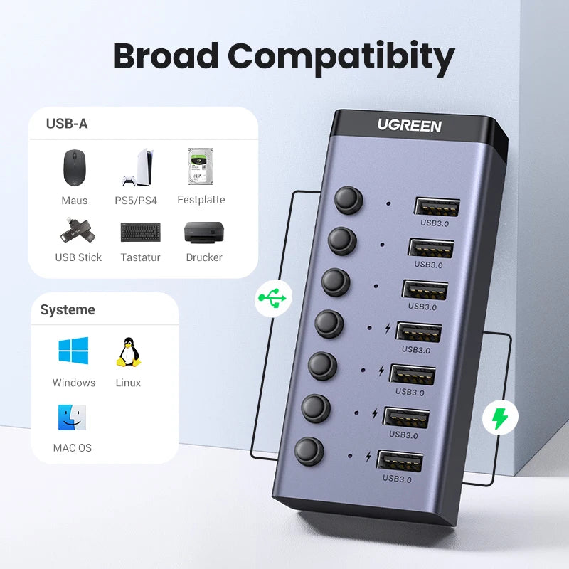 UGREEN 7‑Port USB 3.0 Hub with Individual Power Switches, 5Gbps High‑Speed Data