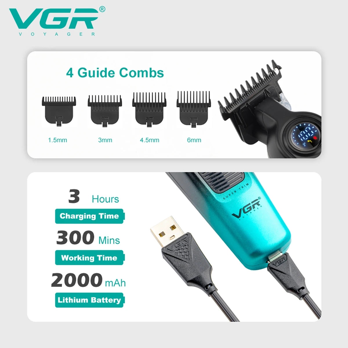 VGR V-996 profesionalni strižnik las, brezžični, T-rezilo, 300 minut delovanja