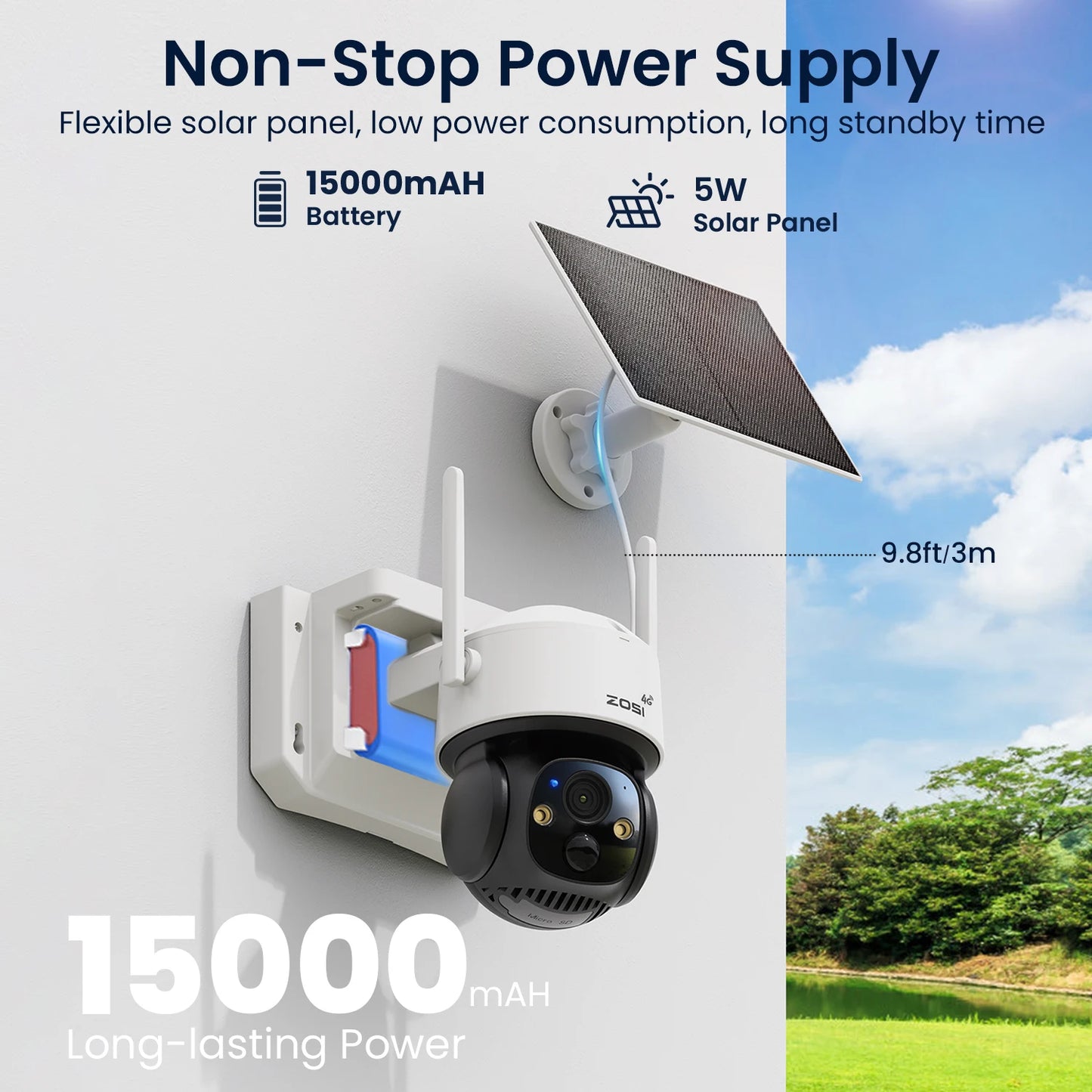ZOSI 4MP 4G/WiFi Outdoor Battery Security Camera – Solar‑Powered 15000mAh Waterproof Smart Cam