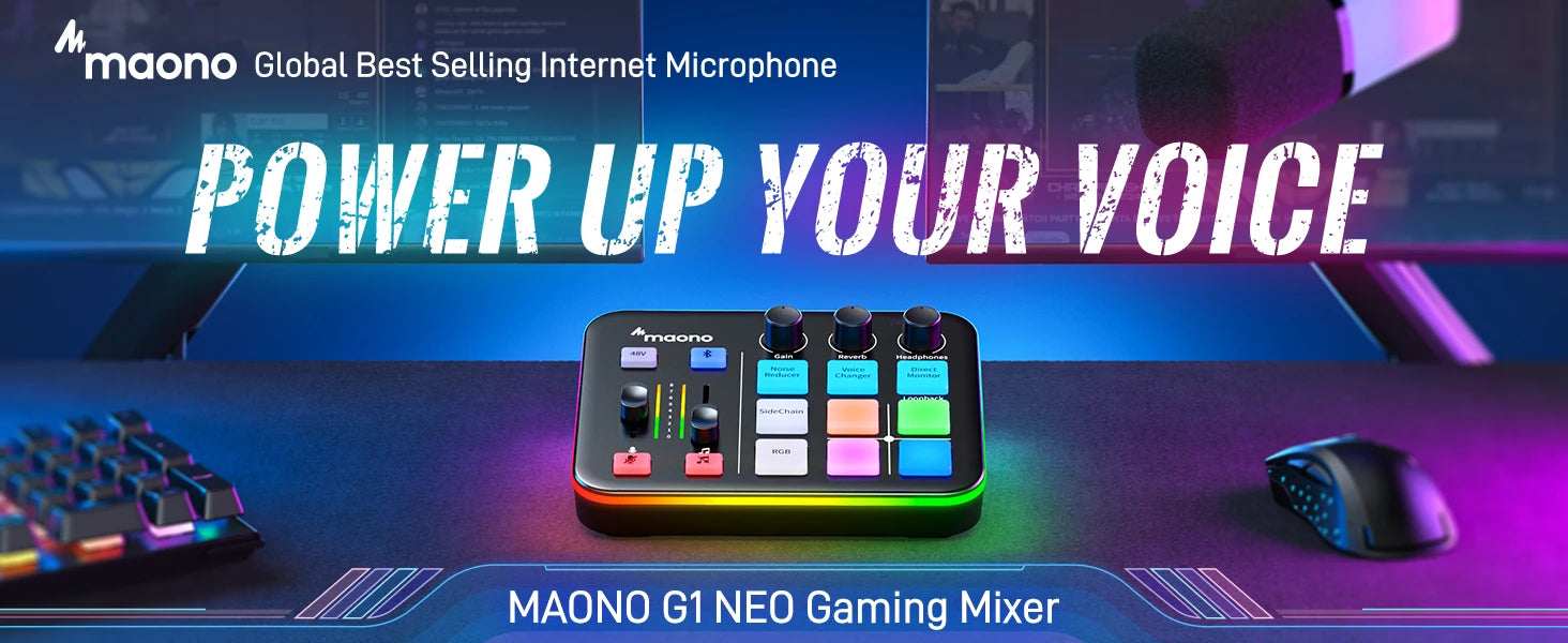 Maono G1 NEO – Gaming Audio Mixer 4‑Channel | RGB Effects, Custom Sound Pads, XLR Mic Interface, Streaming & Podcast Mixer