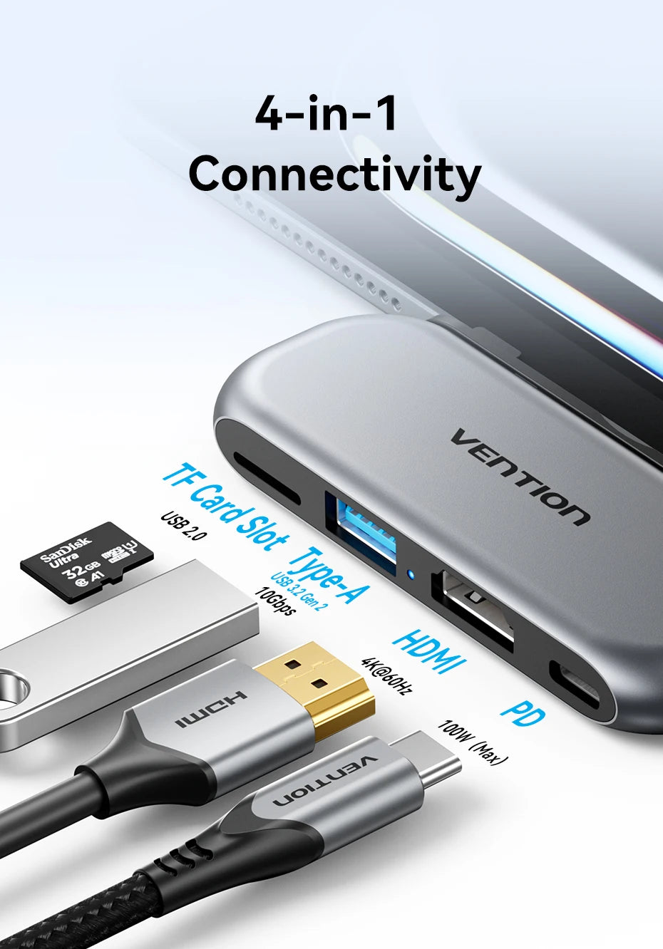Vention USB‑C 4‑in‑1 Hub | USB 3.2 Gen2, 4K60Hz HDMI, PD 100W Portable Docking Station