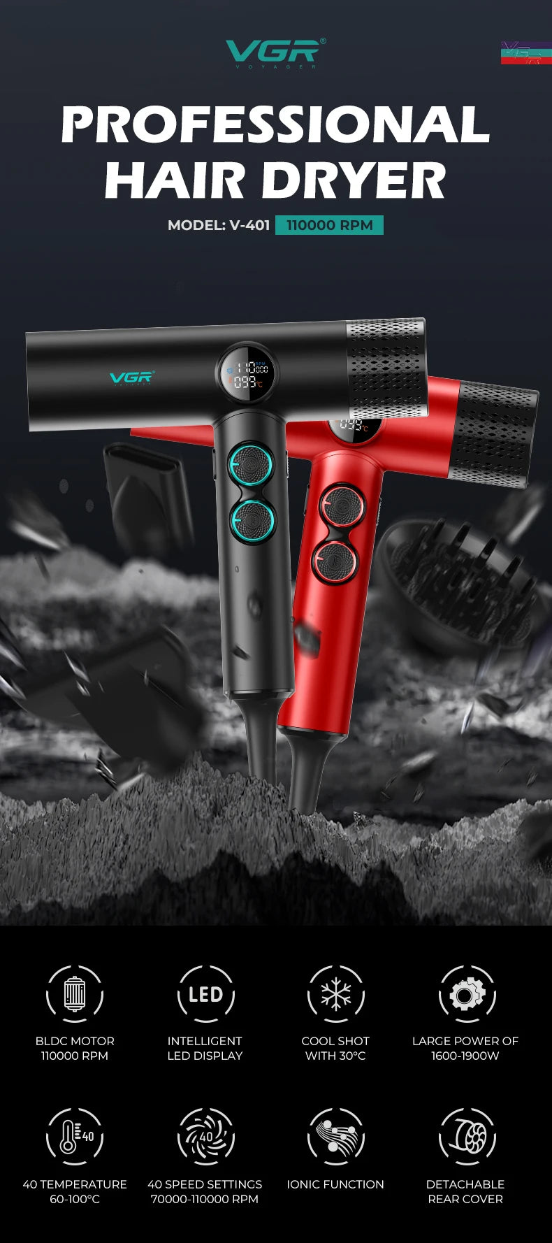 VGR V-401 Professional Hair Dryer – 110,000 RPM BLDC, 1900W, 40+40 Settings