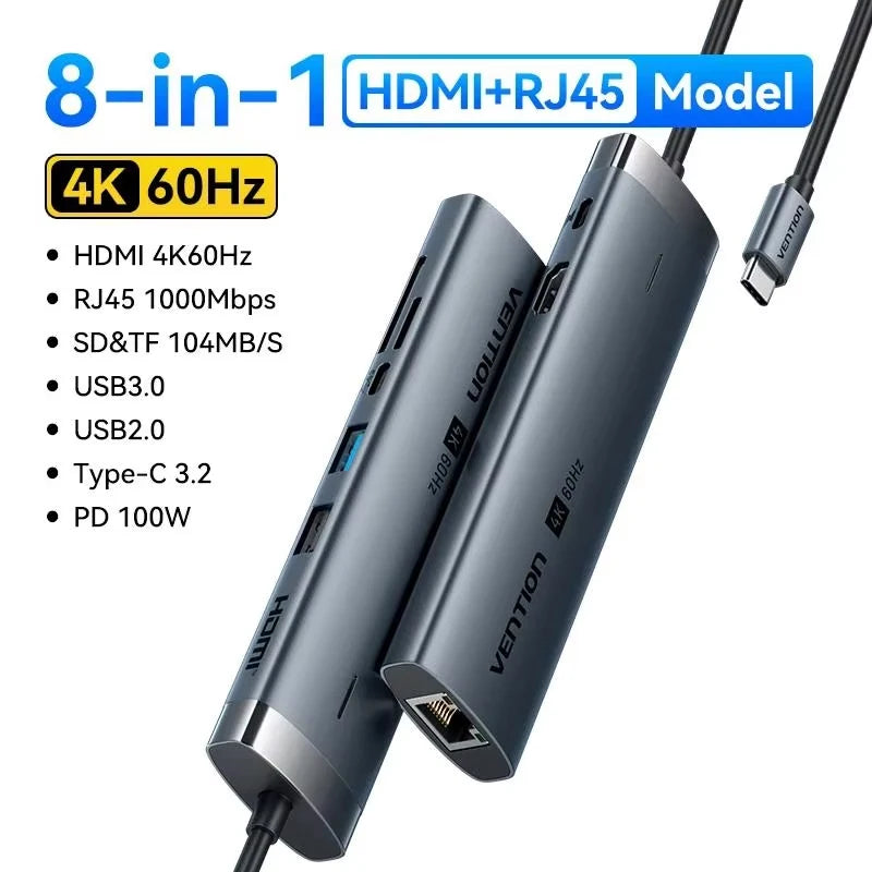 Vention USB‑C 9‑in‑1 Hub | HDMI 4K 60Hz, PD 100W, RJ45, USB 3.0 Docking Station