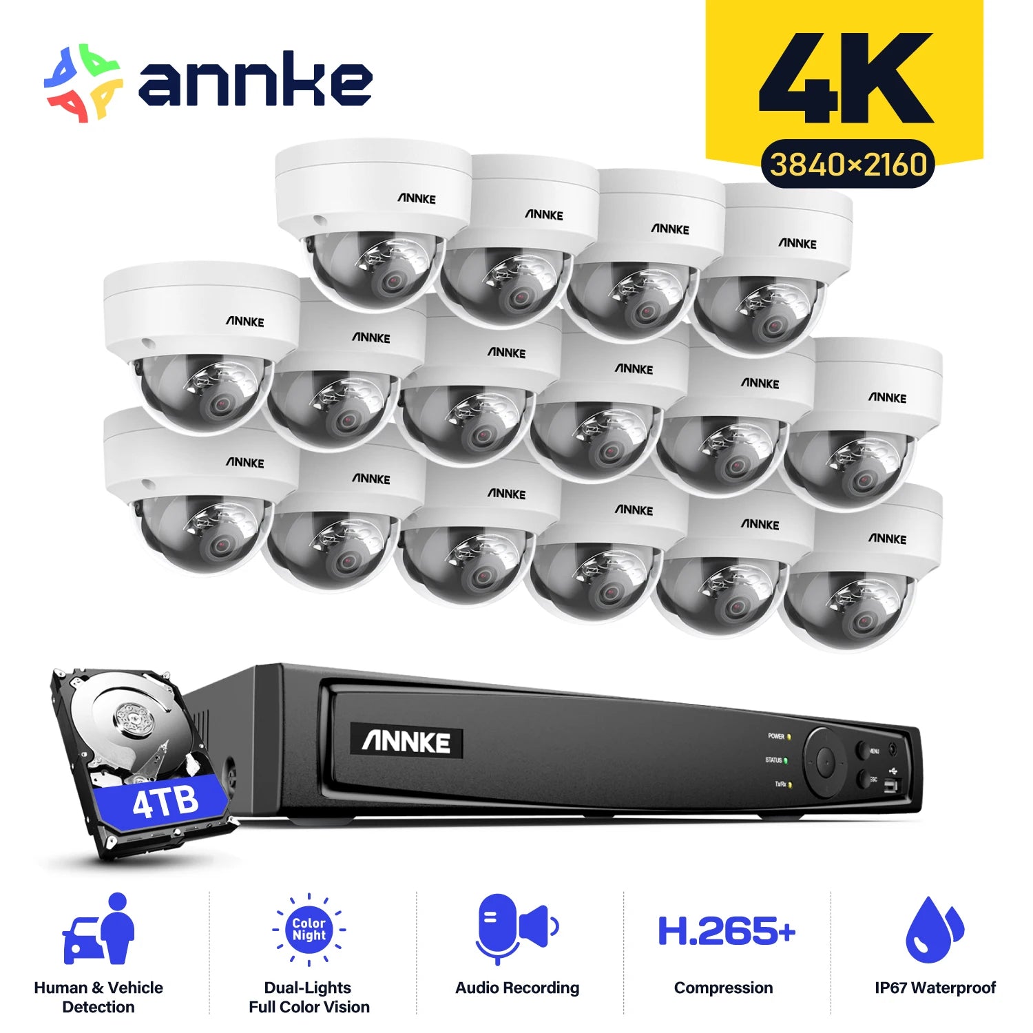 ANNKE 4K 8MP PoE CCTV sistem | 16-kanalni NVR H.265, 16× 8MP EXIR kamere, 30m nočni vid