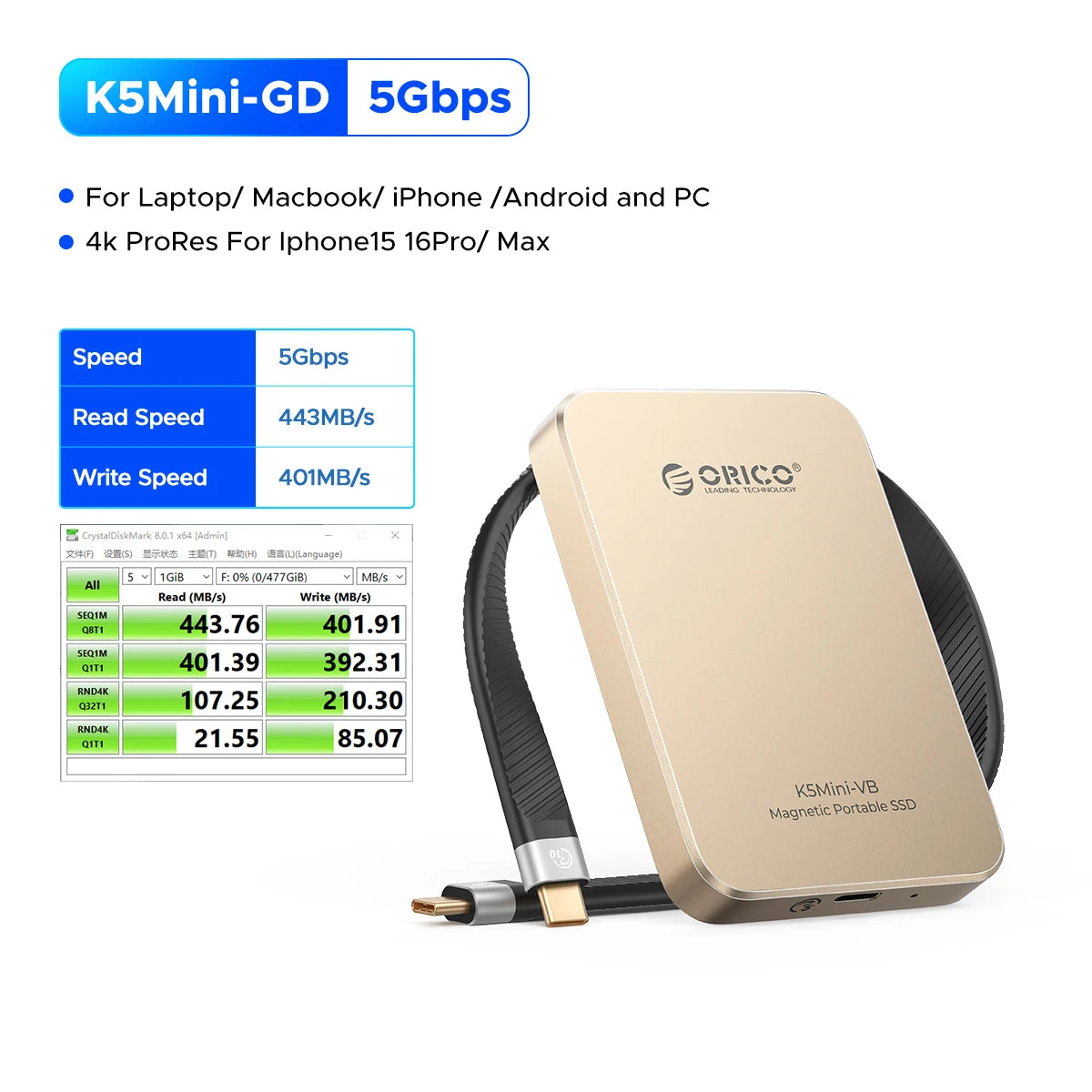 ORICO 460MB/S Portable SSD USB3.2 PSSD 480GB External SSD for iPhone 17 16Pro/Max ProRes 4K ProRes K5MINI-VB