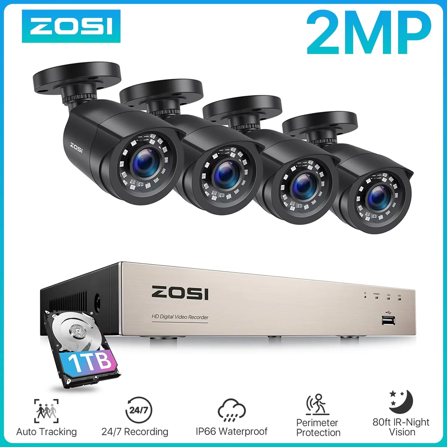 Varnostni sistem CCTV ZOSI 8CH 1080P – 5MP Lite H.265+ DVR z 2/4/6/8× 2MP zunanjimi nočnimi kamerami