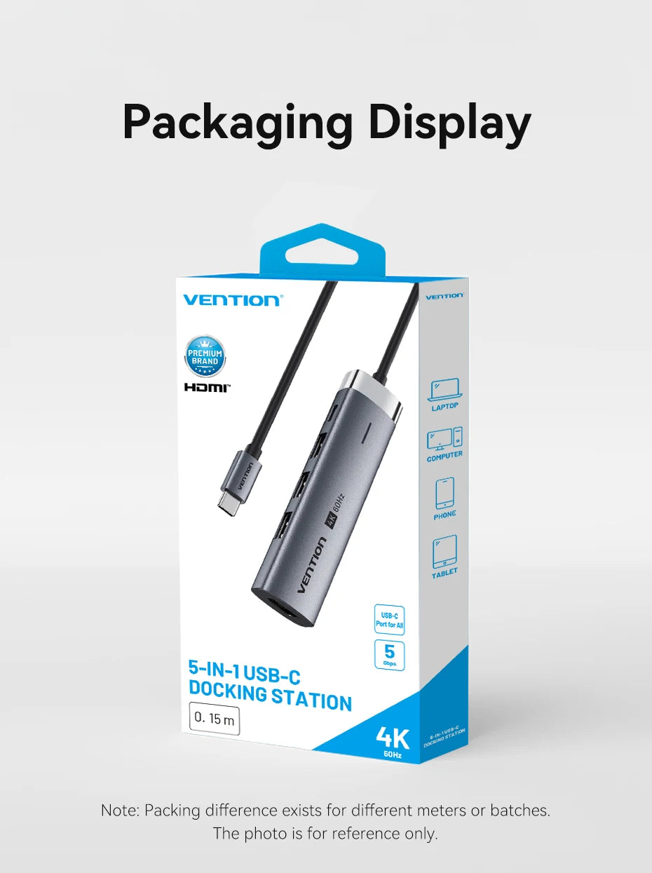 Vention 5-v-1 USB-C Hub | 4K60Hz HDMI, USB 3.0, PD100W Večportni priklop za MacBook & Android