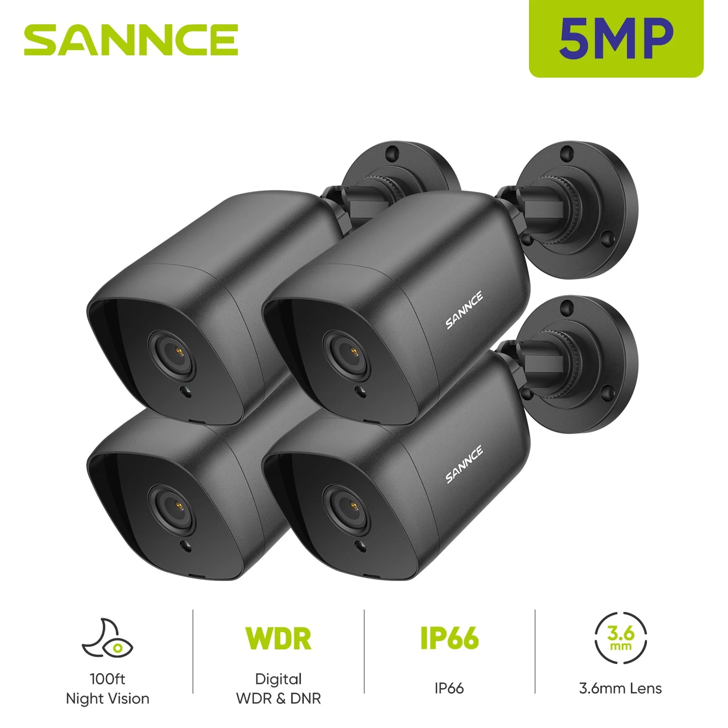 SANNCE 5MP TVI kamere | 4× IR nočni vid, 12 IR LED, 3,6 mm leča, BNC kabel