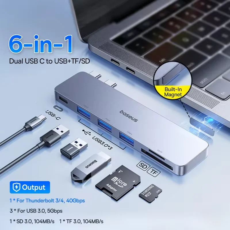 Dvojno USB-C zvezdišče Baseus | HDMI 4K@30Hz, Thunderbolt 3/4 40Gbps, USB 3.0, SD/TF