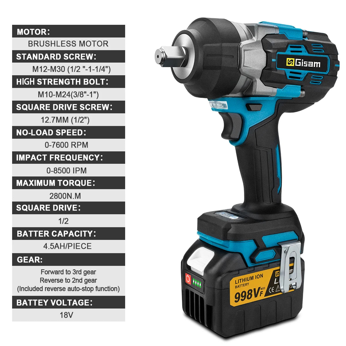 Gisam 2800N.m brezkrtačni udarni vijačnik 1/2" za Makita 18V