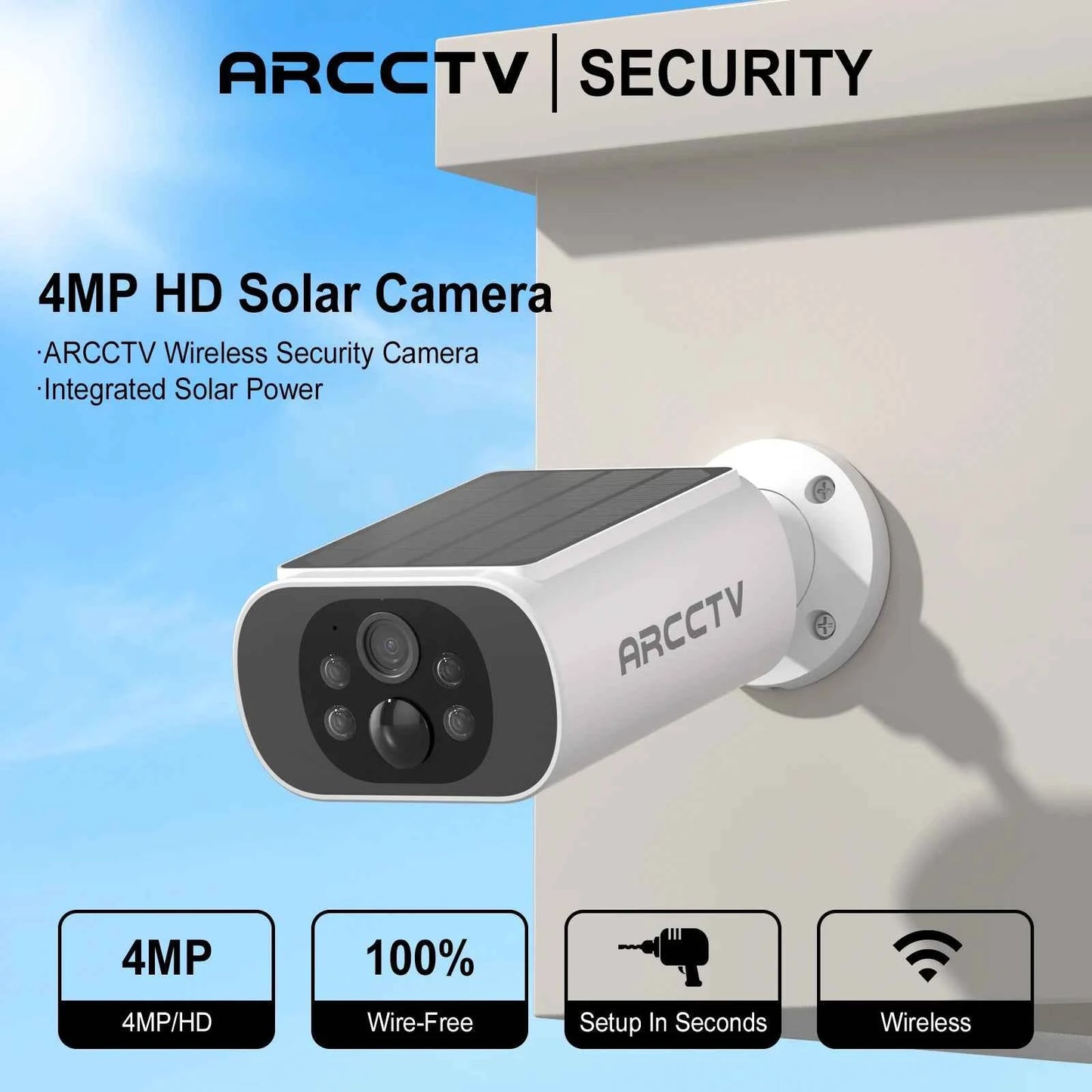 ARCCTV 2K Wireless Solar Camera Outdoor Surveillance Integrated Battery Wifi Camera Humanoid Detection Flash Alarm Night Vision - Limetastore