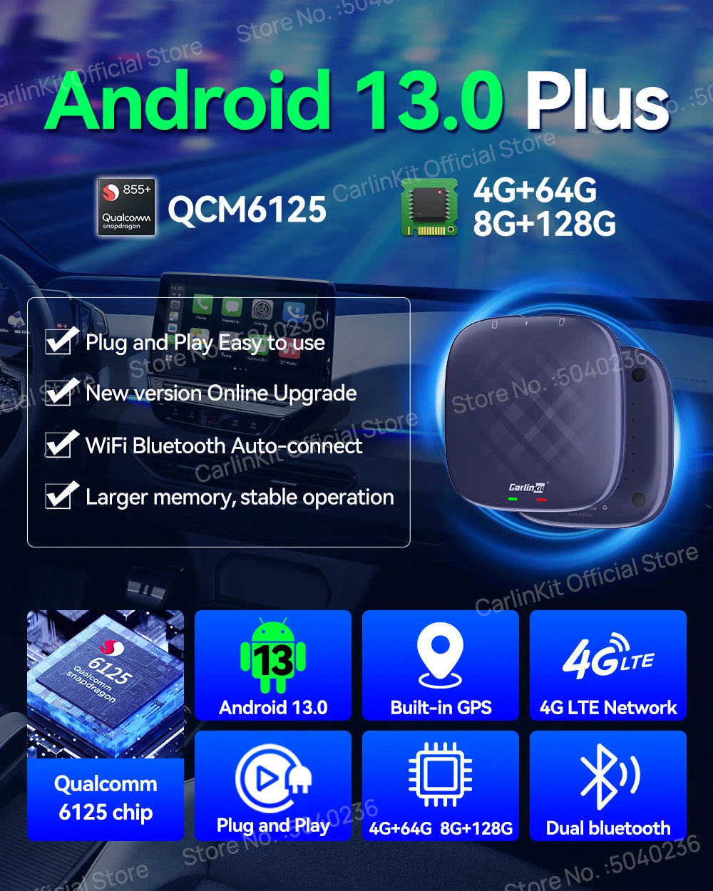 CarlinKit Tbox-Ultra Android 15 8+128GB Brezžični CarPlay AI Box