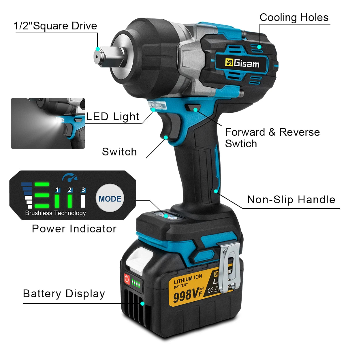 Gisam 2800N.m brezkrtačni udarni vijačnik 1/2" za Makita 18V