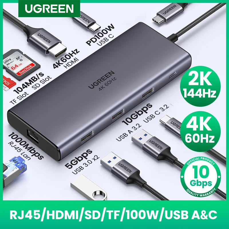 UGREEN 9-v-1 USB-C Hub s 4K60Hz HDMI, 10Gbps USB-vrati, gigabitnim Ethernetom, PD100W