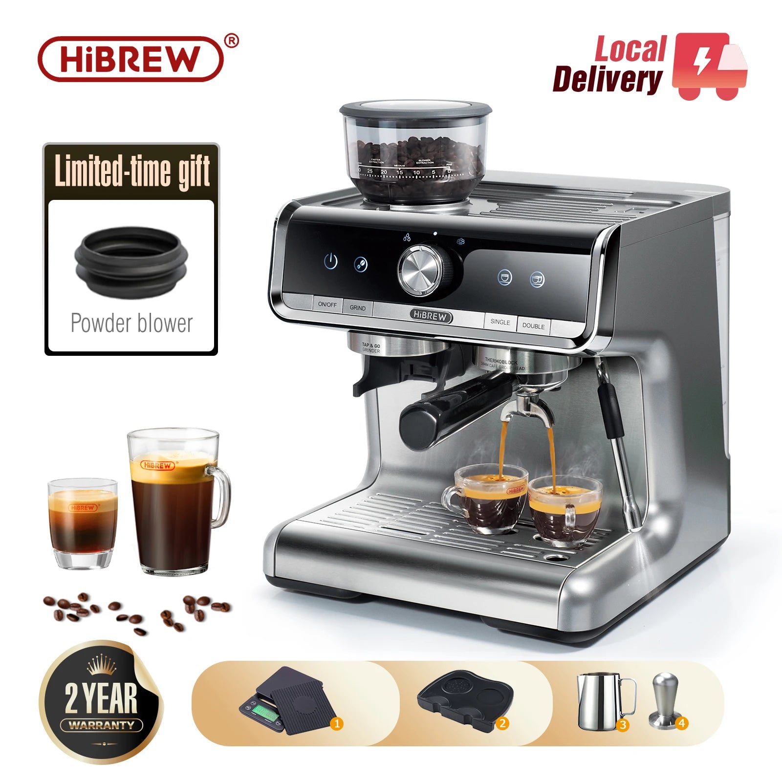 HiBREW H7 – kavni aparat Barista Pro, 20 barov, od zrnja do skodelice | Komercialni kavni aparat s popolnim profesionalnim kompletom