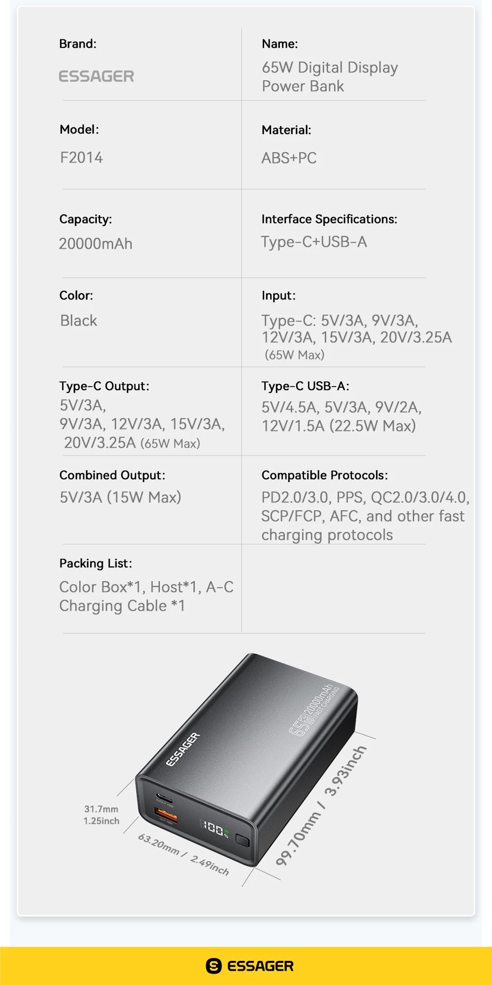 ESSAGER 20000 mAh prenosna baterija 65 W PD za iPhone 17 MacBook