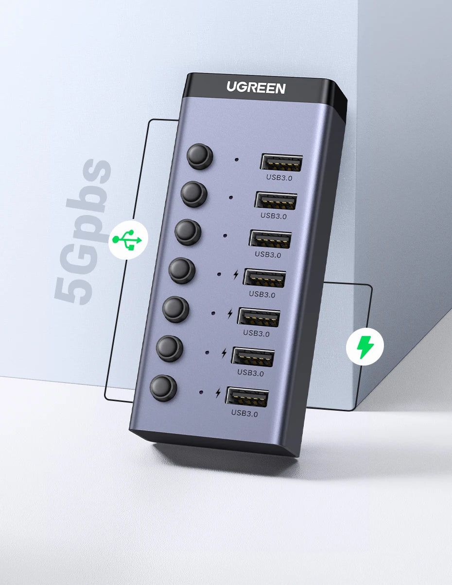UGREEN 7‑Port USB 3.0 Hub with Individual Power Switches, 5Gbps High‑Speed Data