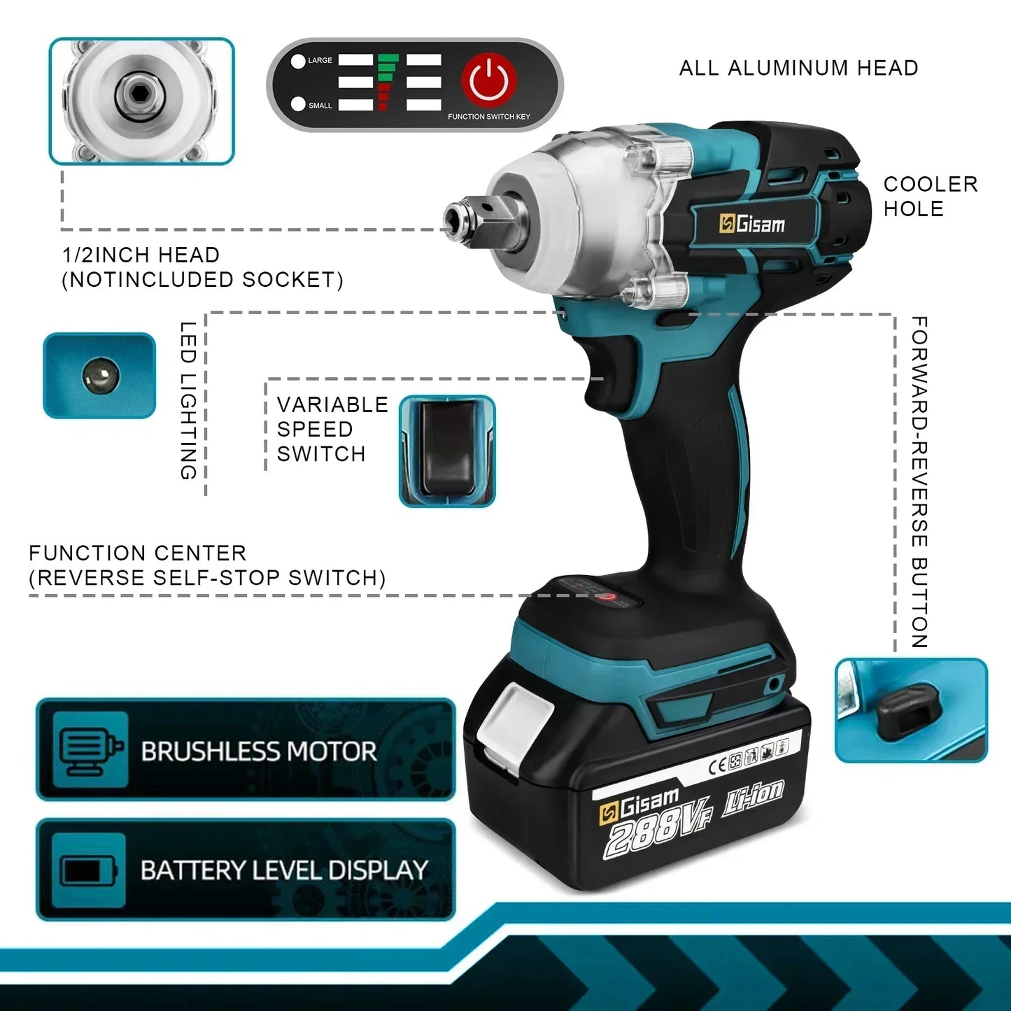 Gisam 520N.m brezkrtačni udarni vijačnik 1/2" za Makita 18V
