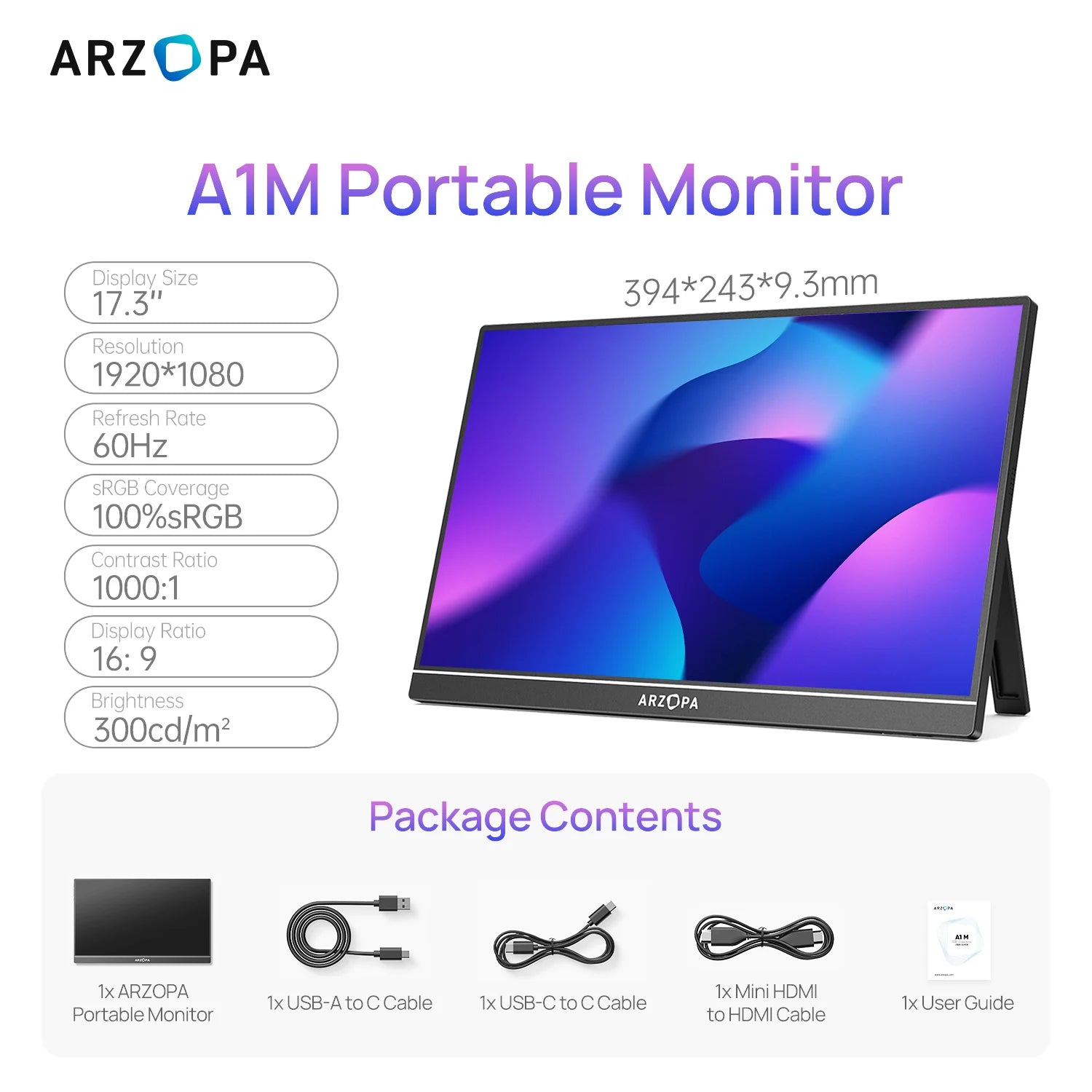 ARZOPA 17.3" Portable Gaming Monitor | 1080P FHD IPS, Kickstand, USB‑C & HDMI