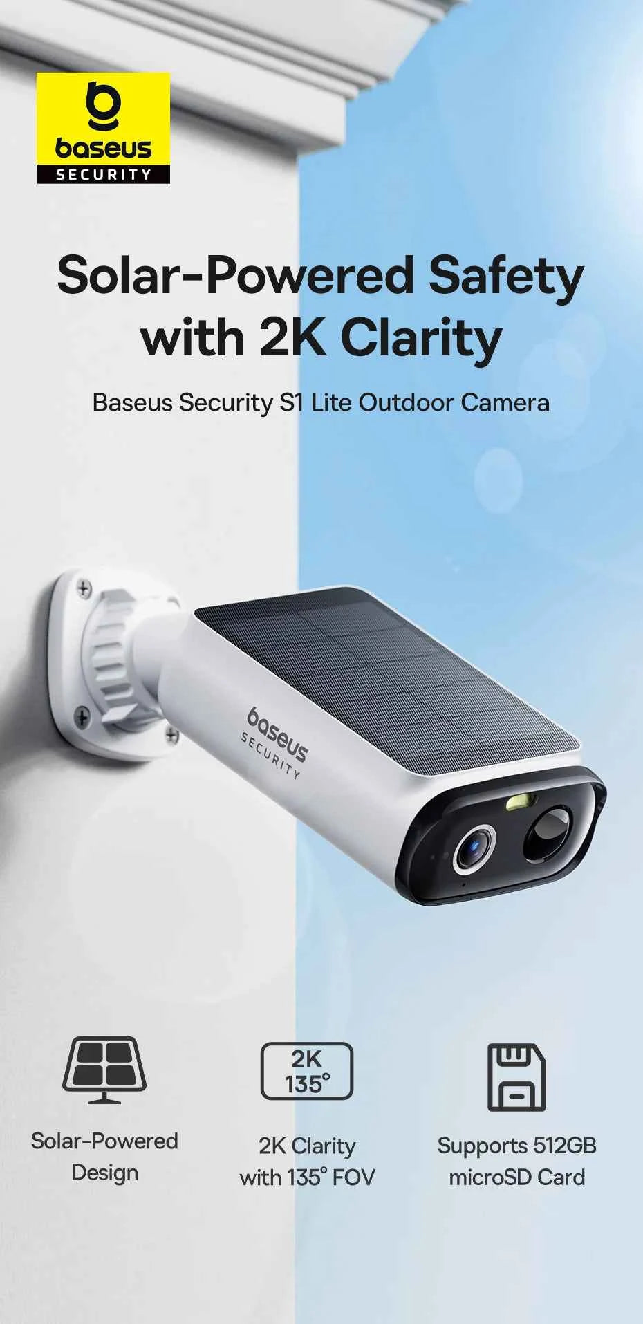 Baseus Security S1 Lite Solar Security Camera Wireless Outdoor Camera Continuous Power 2K Resolution 135°FOV IP67 Wifi Camera - Limetastore