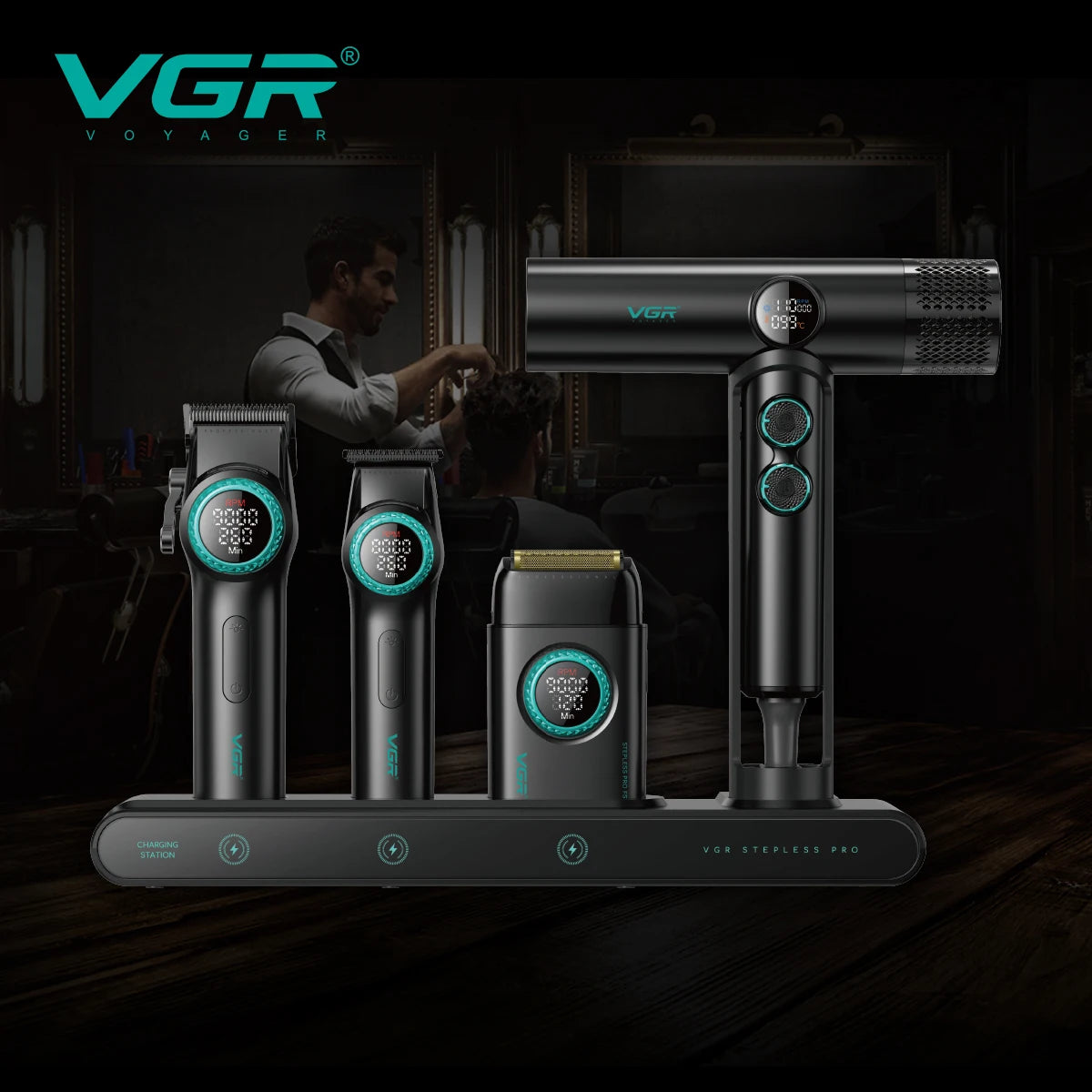 VGR Stepless Pro 4-in-1 Barber Kit – Clipper, Trimmer, Shaver & Dryer