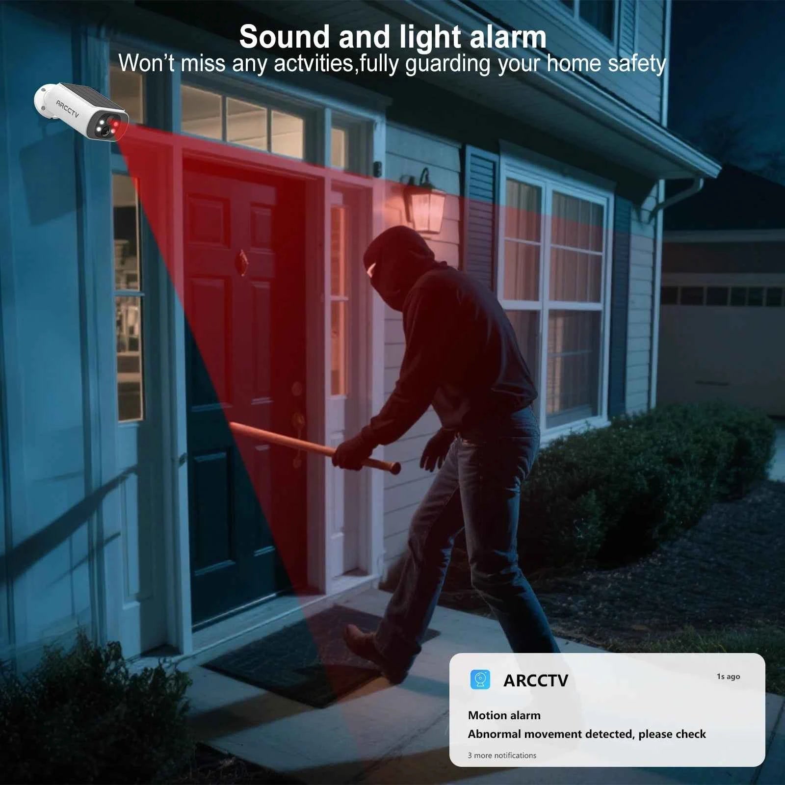 ARCCTV 2K Wireless Solar Camera Outdoor Surveillance Integrated Battery Wifi Camera Humanoid Detection Flash Alarm Night Vision - Limetastore