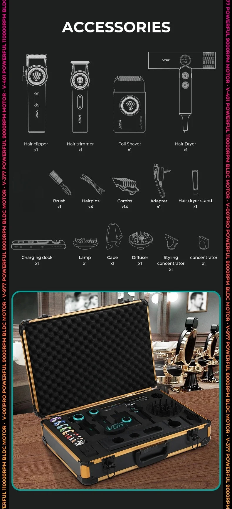 VGR Stepless Pro 4-in-1 Barber Kit – Clipper, Trimmer, Shaver & Dryer