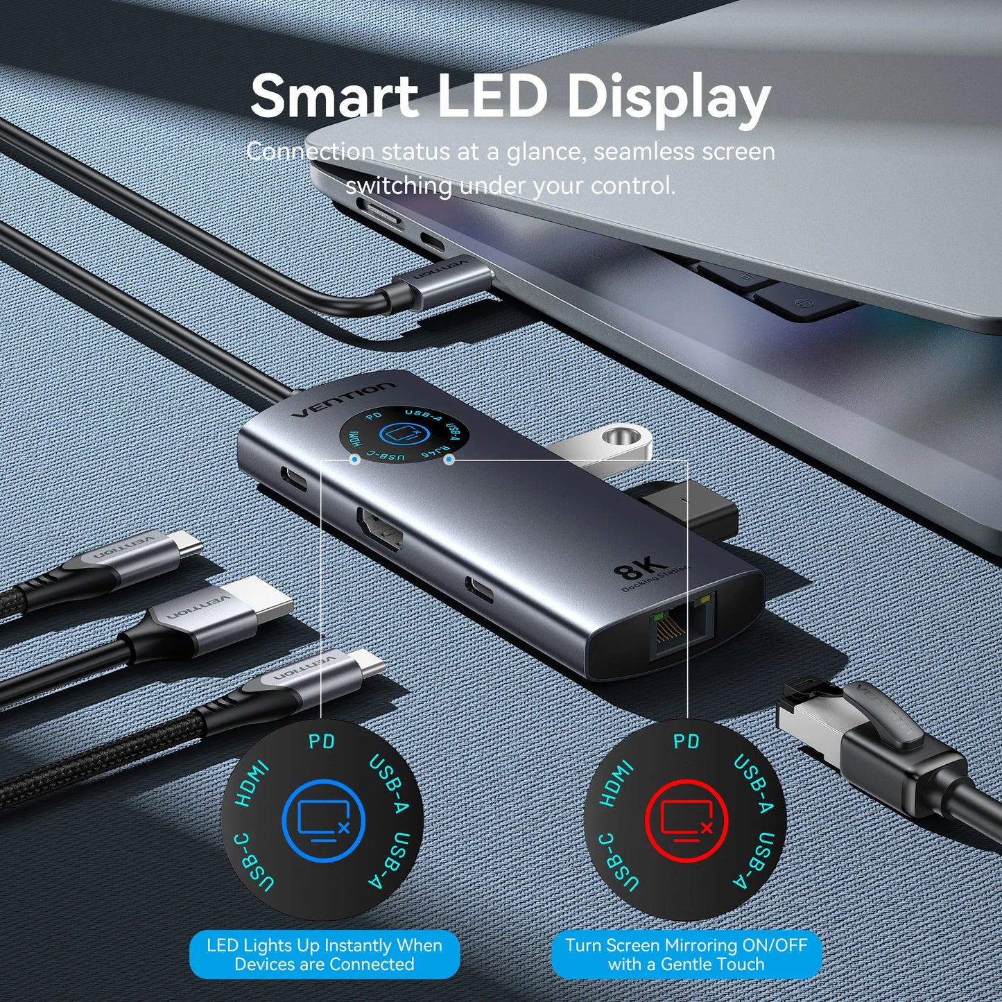 Vention vozlišče USB-C 8K/4K HDMI | LED-zaslon, USB-A/C 3.0, 3.2 Gen1, gigabitni ethernetni adapter