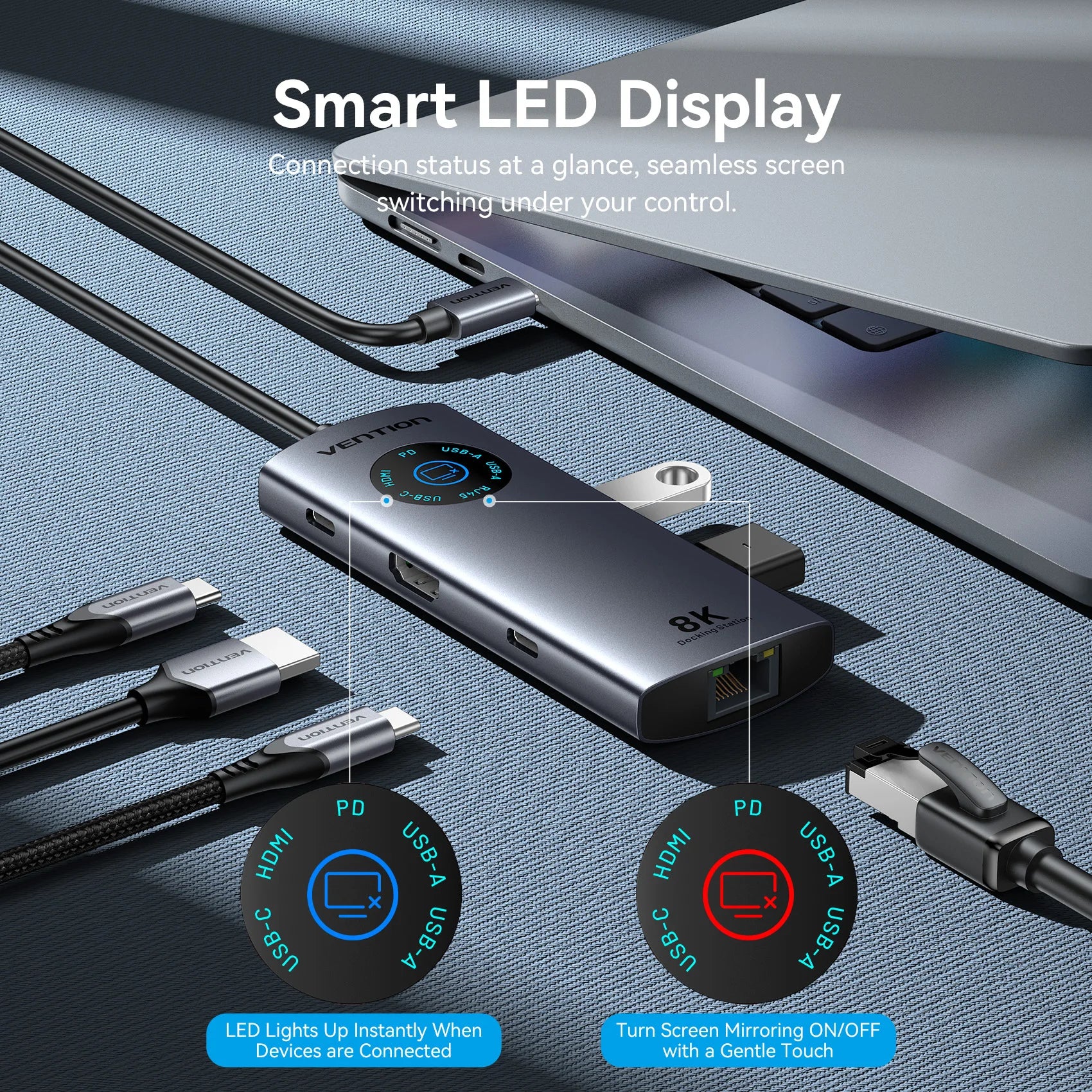 Vention vozlišče USB-C 8K/4K HDMI | LED-zaslon, USB-A/C 3.0, 3.2 Gen1, gigabitni ethernetni adapter