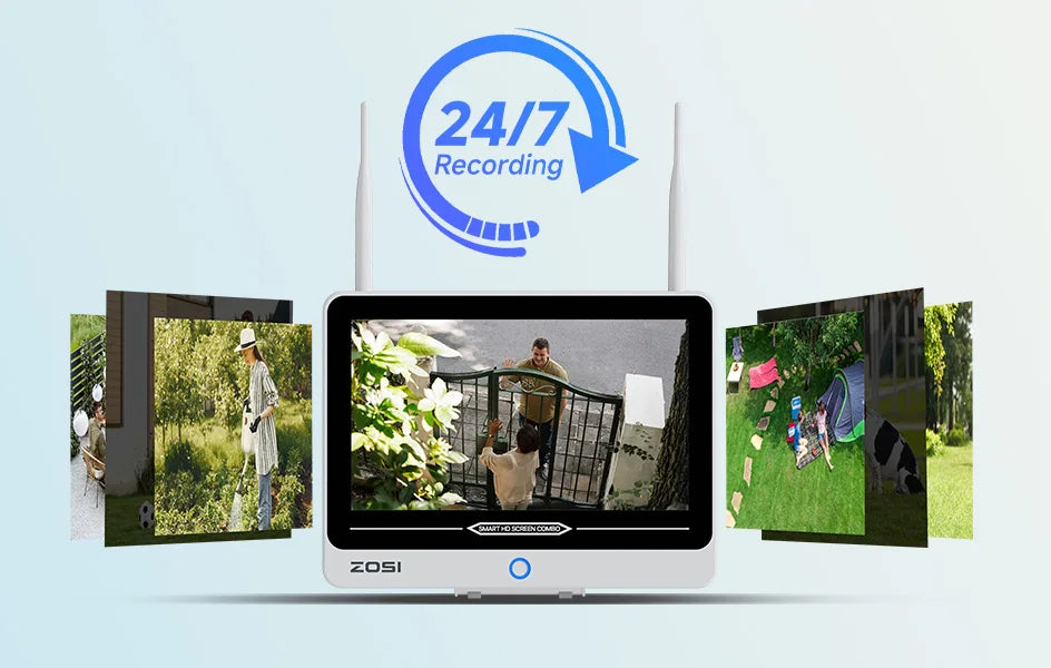 Varnostni kamerov sistem ZOSI 2K Wi-Fi 6 8-kanalni – 12'' LCD-zaslon, 3MP notranje/zunanje vtične WiFi kamere